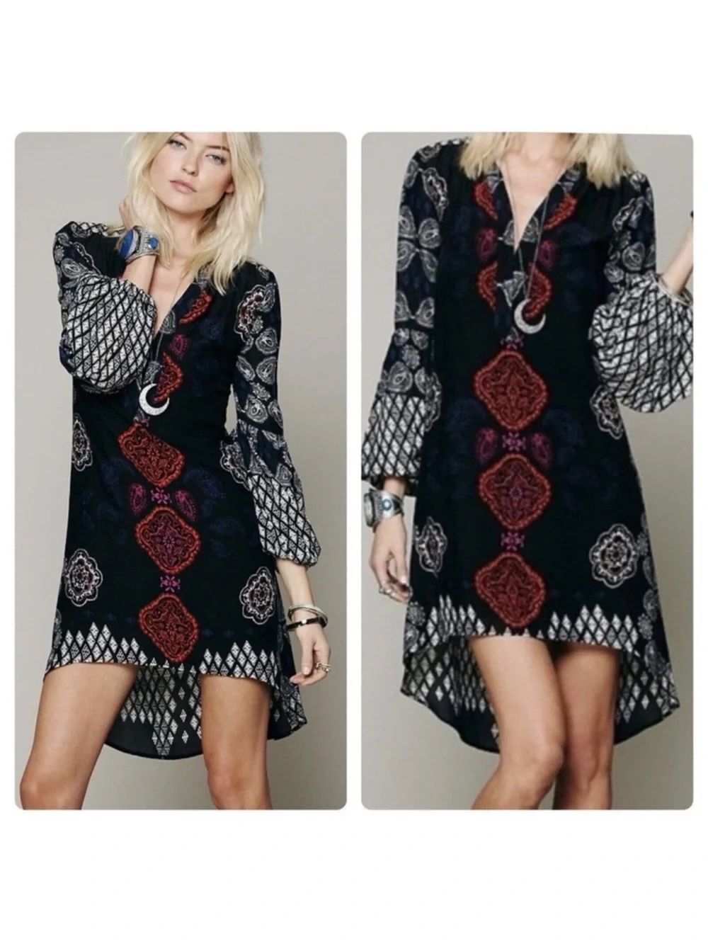 free people M black peasant long blouson sleeve boho high low dress